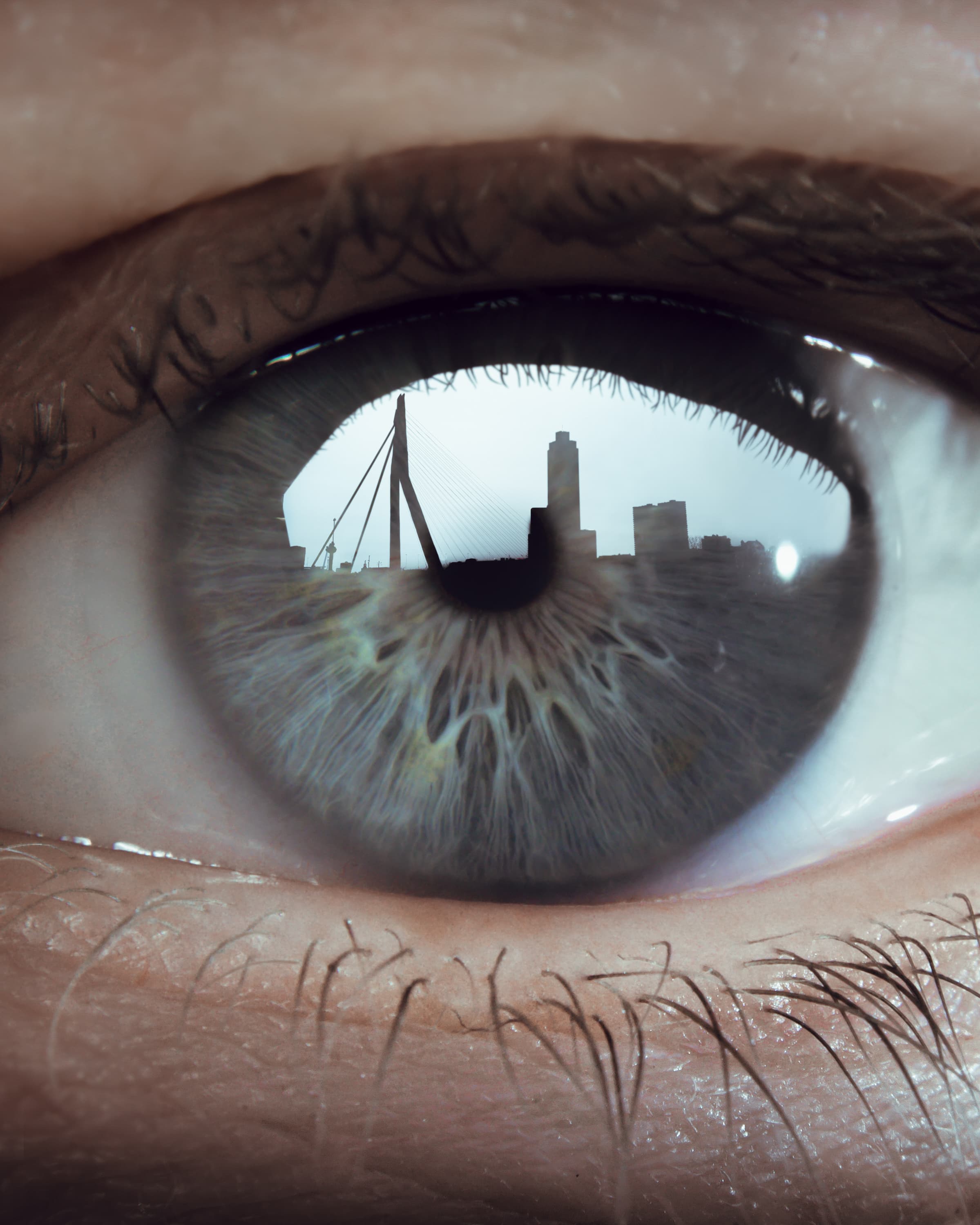 Close-up of Ralf Faber's eye with Rotterdam reflected in it